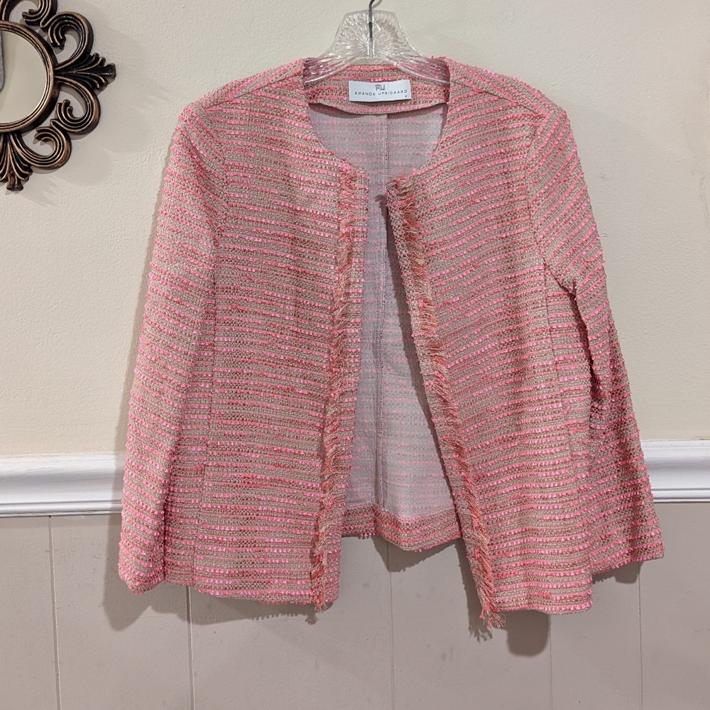 Amanda Uprichard Pink Fringe Open Front Cardigan Tweed Jacket